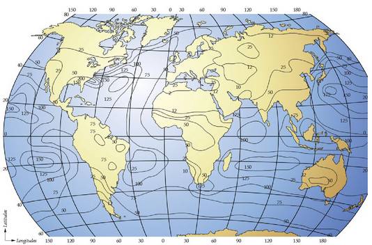 Bero latentearen jarioa atmosferarantz (Kcal/cm2 60 60 Longitudea 150 120 90 60 30 0 30 60 90 120 150 180 /urteko).<br><br>Ozeanoetatik jariatzen da atmosferara bero latente gehien, prozesu hori lurruntzearekin lotua baita eta ozeanoan lurruntzeko ur asko baitago; jarioa bereziki handia da tropiko inguruetako ozeanoetan, metatutako bero erretserba oso handia dela eta.<br><br>